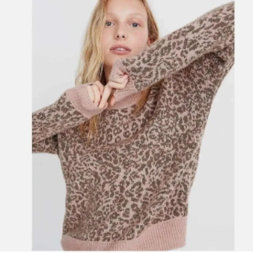 Madewell Shrunken Pullover Sweater Leopard Pink Brown Cozy Winter Wool Blend S
